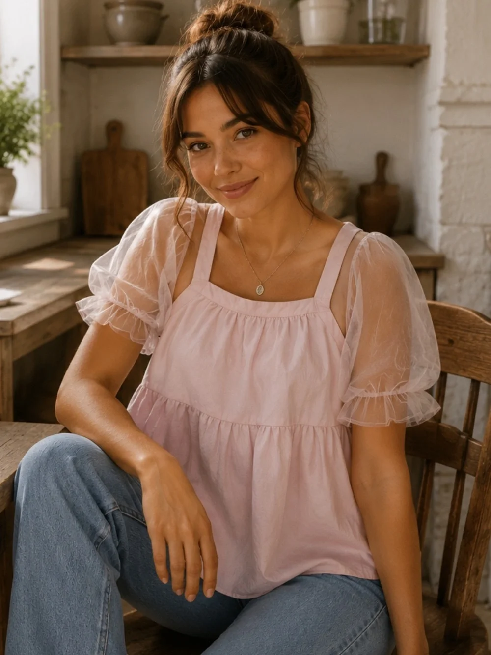 ✅ Tuckernuck Pomander Place Blouse Puff Sleeve in Light Pink